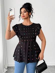 Elenzga 大码女装夏季新款黑色爱心印花情人节元素短袖上衣，时尚褶皱泡泡袖修身百搭衬衫。大码女装彩色爱心图案前片休闲套头毛衣，爱心设计完美契合情人节主题，适合休闲外出、购物、与朋友午餐或日常穿着。 - 黑色 - 查看 8