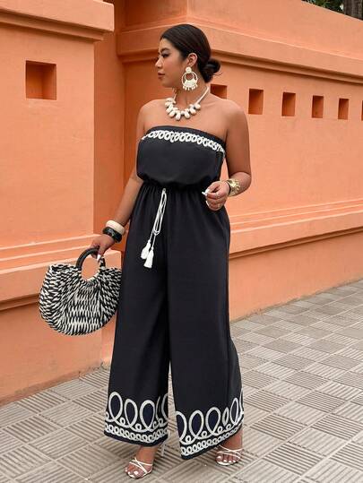 Elenzga Plus Size Women's Bandeau Waist-Cinched Printed Jumpsuit, Suitable For Vacation And Everyday Wear, Spring/Summer