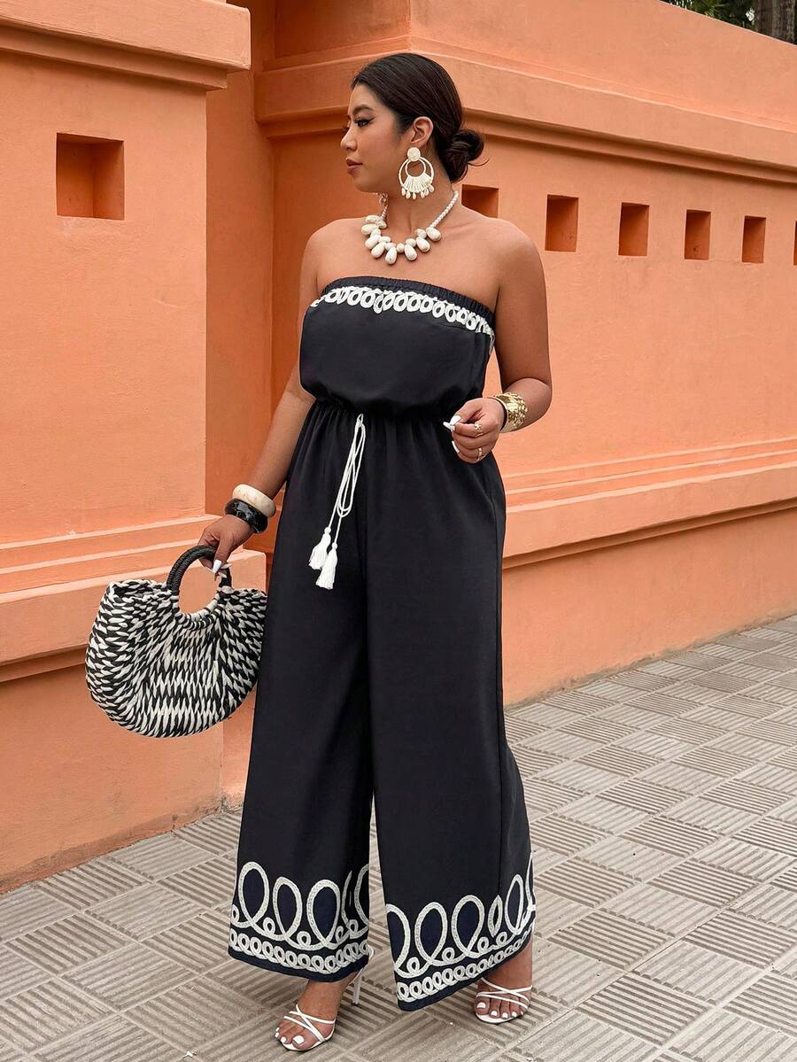 SHEIN LUNE Bộ áo liền quần in họa tiết dáng quây, thắt eo, cỡ lớn dành cho nữ, thích hợp cho kỳ nghỉ và mặc hàng ngày, mùa xuân/hè. - Đen và trắng - Xem 1