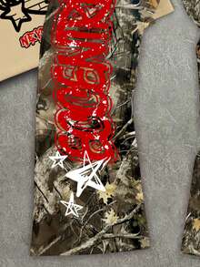 Manfinity ZONE917 加大码男士宽松卡通红白涂鸦人物树枝迷彩印花针织短袖T恤裤套装，休闲时尚，加大码合身，约会聚会完美之选，送给男友的绝佳礼物 - 彩色 - 查看 4