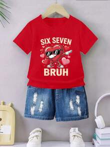 男童休闲时尚舒适创意可爱爱心字母“SIX SEVEN BRUH”图案短袖圆领T恤，适合春夏郊游、运动、聚会等场合。 - 紅色 - 查看 3
