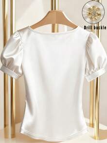 Franclia Women's Short Sleeve T-Shirt With Twist Puff Sleeve Design Satin Blouses For Women White Satin Top Elegant Blouses White Elegant Top Puff Sleeve Satin Top Elegant White Top White Elegant Blouse - White - View 2