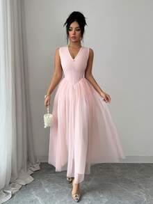 SHEIN Elenzya Đầm nữ dáng chữ A thắt eo, chất liệu lưới phối nhiều lớp, thích hợp cho Giáng sinh, ngày lễ, thanh lịch, đi làm hàng ngày, thời trang đường phố Pháp cổ điển, đa năng, năm mới, công sở, màu hồng không tay; Trang phục nữ duyên dáng cho kỳ nghỉ hè, ngày Valentine. - Hồng - Xem 5