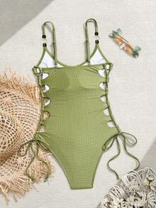Swim Chiccia 1 bộ áo tắm liền thân màu xanh lá cây trơn, chất liệu vải sần, đính hạt cườm, dây mảnh, hở lưng, thích hợp cho kỳ nghỉ biển. - màu xanh lá - Xem 6