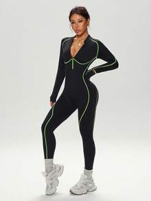 Dewbera Seamless High Elasticity Fitness Jumpsuit, Long Sleeve & Long Pants With Zipper - Black - View 4