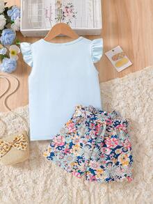 SHEIN 2件套女童碎花荷叶边上衣和短裤，夏季 - 藍色 - 查看 2