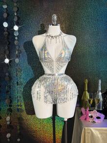 MidnightGlam 两件套女士性感连体衣搭配流苏亮片迷你裙，魅力四射 - 銀色 - 查看 6