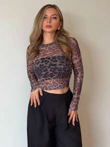 Jeta Ari Women's Fashionable Mesh Leopard Print Long Sleeve T-Shirt, Vacation Wear,Fall Women Clothes - Multicolor - View 5