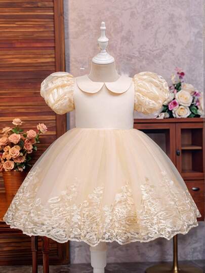 SHEIN Glamorique Kids 女童碎花腰部泡泡袖薄纱优雅派对连衣裙，适合所有季节