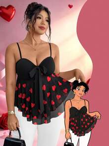 Elenzga Camiseta ajustada elegante y casual con parches de malla con forma de corazón y decoración de moño, adecuada para una cita en el Día de San Valentín, dulce pero ligeramente sexy