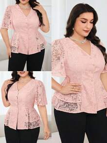 Modelyn Áo kiểu dáng thanh lịch tay ngắn, cổ chữ V, cài cúc phía trước, màu trơn, phối ren, cỡ lớn. - Hồng - Xem 1