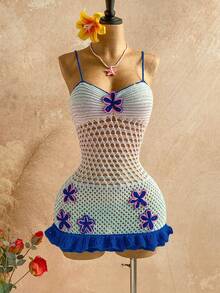 Soleia 女士花卉装饰荷叶边镂空吊带针织连衣裙 - 彩色 - 查看 4