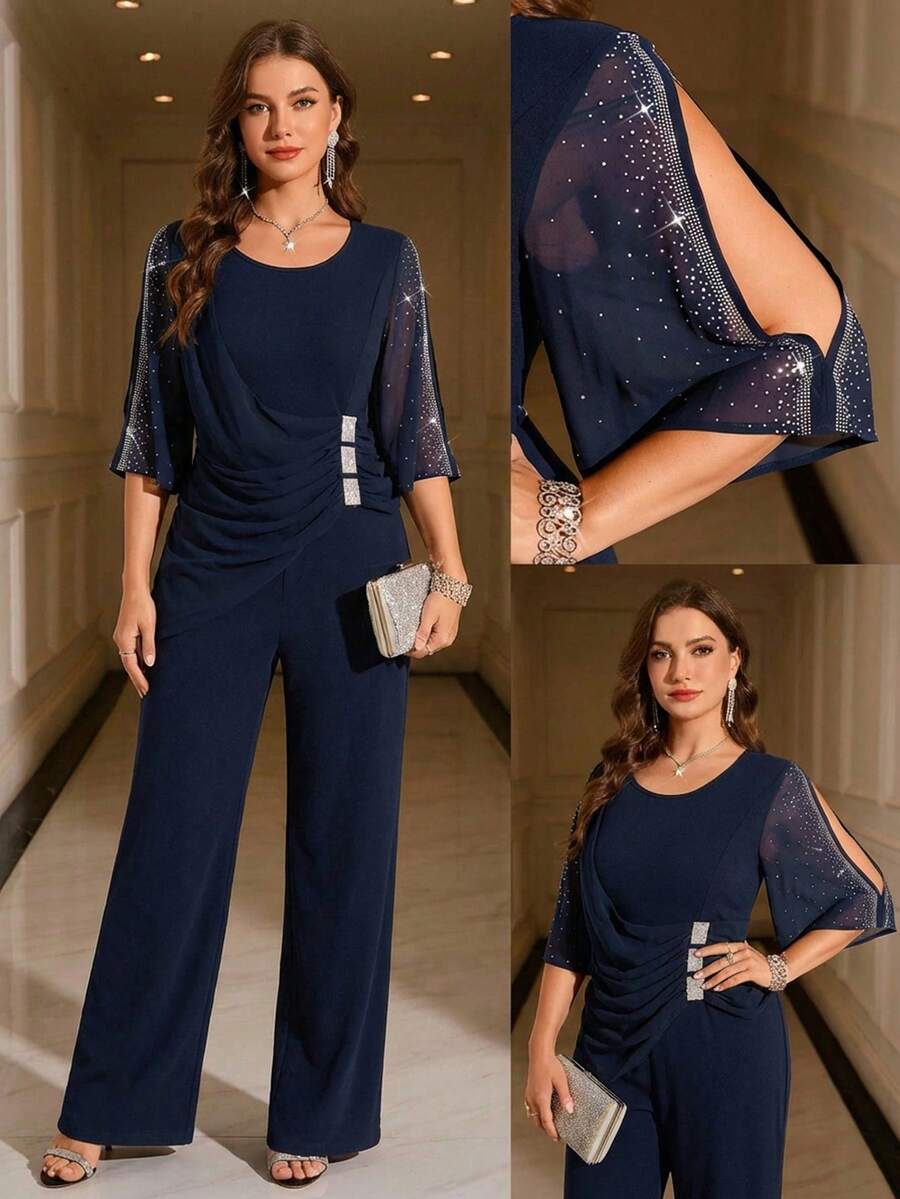 Ellevyn Women's Elegant Blue Rhinestone Embellished Jumpsuit Carnival Costume Women Valentine's Day  Summer Outfits  Wedding Guest Dress For Women  Casual  Carnival Costume Women Women's Abaya Suitable For Wedding Guests, Bridesmaids, And Other Occasions. - Navy Blue - View 1