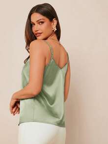 Amorya Áo hai dây nữ màu xanh satin thanh lịch với cổ áo ren, đa năng cho mùa xuân/hè hoặc mặc lót bên trong áo khoác vào mùa thu/đông. - Màu xanh Bạc hà - Xem 2