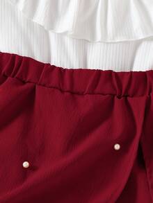 Conjunto de top de punto acanalado con volantes y falda-pantalón corta con abertura y lazo con perlas para niñas - Burdeos - Ver 6