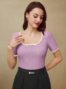 Vintamour Áo thun nữ cổ điển thanh lịch, kiểu dáng vintage, áo thun ôm dáng phối nơ tương phản, màu mơ, tay ngắn, thích hợp cho mùa xuân/hè. - Màu tím hoa cà - Xem 7