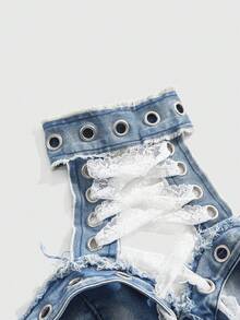 ROMWE J-Fashion Y2K 性感系带露脐牛仔上衣（女款） - 白色 - 查看 3