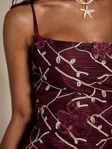 SHEIN BAE Women's Summer Vacation Applique Embroidery Detail Camisole Dress,This Red Floral Textured Slip Dress Is Perfect For Romantic Dates, Parties, Formal Gatherings, Birthday Dresses, Beach Vacations, Beach Parties, And Everyday Outings.(Summer,Spring, Party ,Beach ,Vacation,Summer Vacation Outfits ,Holiday Mini Dresses Wine Dress - Burgundy - View 5