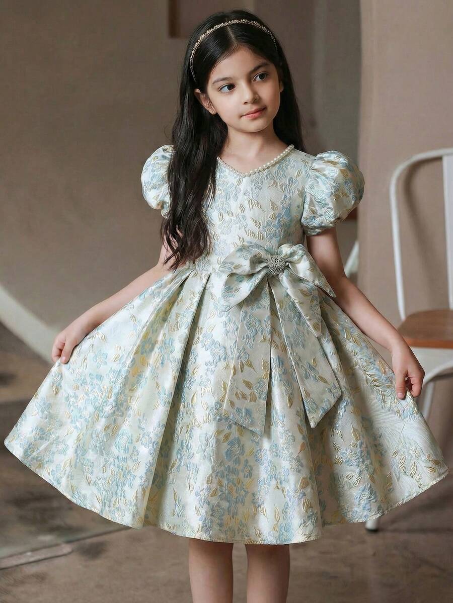 SHEIN Đầm dệt jacquard tay phồng trang trí nơ thanh lịch dành cho bé gái tuổi teen - Màu xanh lam - Xem 1