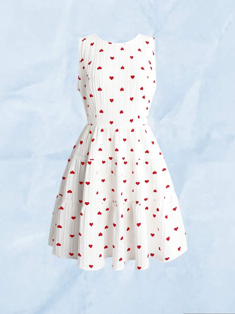 Rafferiza 心形印花优雅圆领无袖蛋糕裙，饰有蝴蝶结，白色连衣裙，适合情人节穿着。 - 白色 - 查看 1