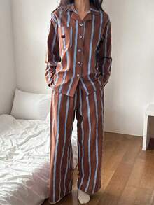 DAZY 2pcs Women Loose Fit Cat Striped Pattern Long Sleeve Cardigan And Pants Pajama Set - Brown - View 8