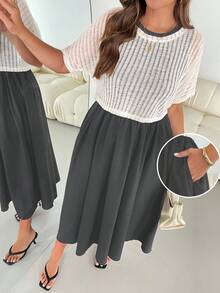 SHEIN Essnce Ple-Size 女士夏季两件套，夏季休闲套装，连衣裙衬衫套装，短袖套装，黑色长款连衣裙两件套 - 深灰色 - 查看 6