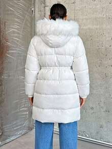 EURMUSE Long Padded Coat With Hoodie And Big Pocket - White - View 2