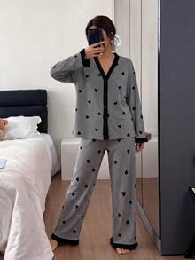 Dream Adore Women's Pink Striped Heart Patchwork Cardigan Pajama Set - Multicolor - View 4