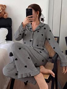 Dream Adore Conjunto de pijama con cárdigan de cuello con volantes y estampado de corazones a rayas - Multicolor - Ver 3