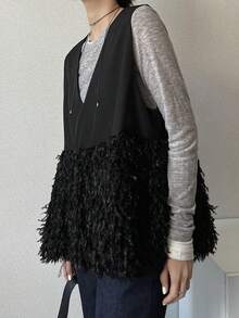 FRIFUL Áo tank top nữ màu đen không tay, phối vải lông xù, thiết kế xếp ly, dáng rộng thoải mái, đa năng, thích hợp mặc nhiều lớp vào mùa thu. - màu đen - Xem 6