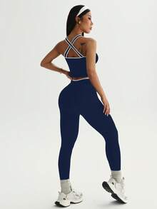 Dewbera 女士无缝瑜伽运动套装，撞色背心和腰带交叉撞色滚边紧身裤 - 藏蓝色 - 查看 2