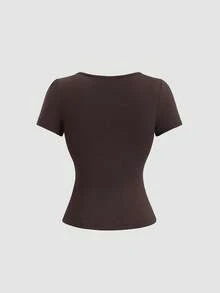 Sweetra Bohemian Style Brown Sweet Collar Ruffle Tie Front Short Sleeve Casual Retro T-Shirt For Women, Spring/Summer - Brown - View 2