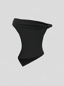 Sweetra 女士时尚纯色金属装饰扭结下摆不对称修身休闲T恤，适合日常穿着、约会、度假、通勤，百搭，黑色 - 黑色 - 查看 2