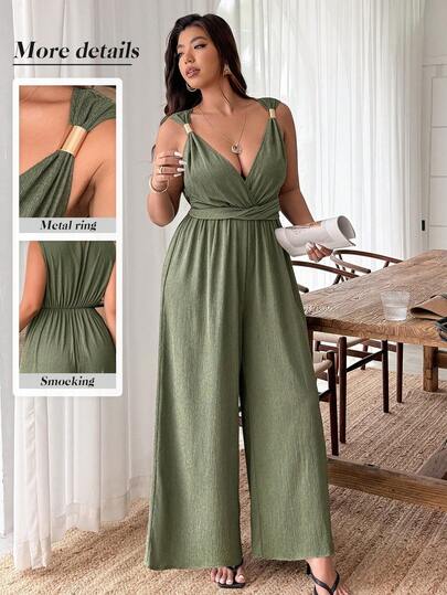 Weeklong Mono casual de pierna recta con hebilla metálica en escote en V para mujer de talla grande, de corte holgado para uso en resort, mono de verano para mujer, mono palazzo de verano, monos casuales de pierna ancha para mujer