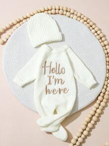 SHEIN 2 件套“你好，我在这里”刺绣新生儿男孩女孩摄影服装针织婴儿连体衣连脚连体衣带帽子婴儿 1 个月 100 天拍照道具 - 彩色 - 查看 4