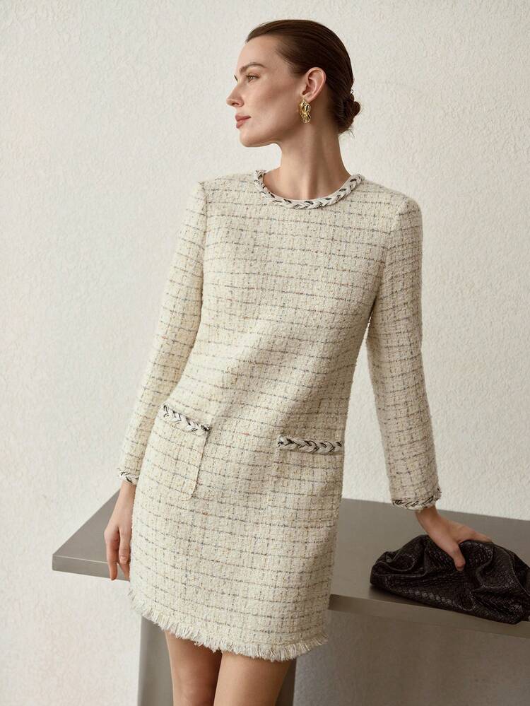 TWEED DRESS WITH RAW EDGE AND BACK ZIPPER