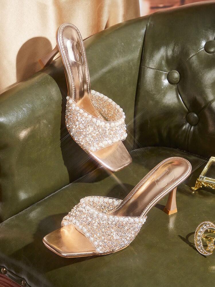 CUCCOO TILAWA Women Shoes Square Toe Slender Heel Champagne Transparent Film Rhinestones Sexy Fashion Gorgeous Banquet Party Night Club Women High Heel Sandals Slippers Valentine's Day