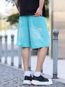 Manfinity Homme Quần short denim nam màu trơn, dáng rộng, thoải mái. - màu xanh lá - Xem 2