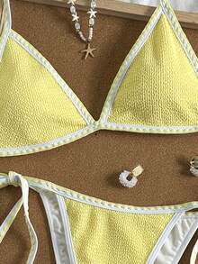 Swim Mod Women's Summer Vacation Beach Contrast Trim Textured Spaghetti Strap Bikini Set - Yellow - View 5