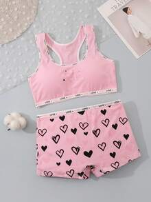 Set de 6 piezas de lencería para adolescentes con sujetador de colores variados (blanco, rosa, naranja), camiseta de tirantes con estampado de amor y bragas tipo panty - Multicolor - Ver 4