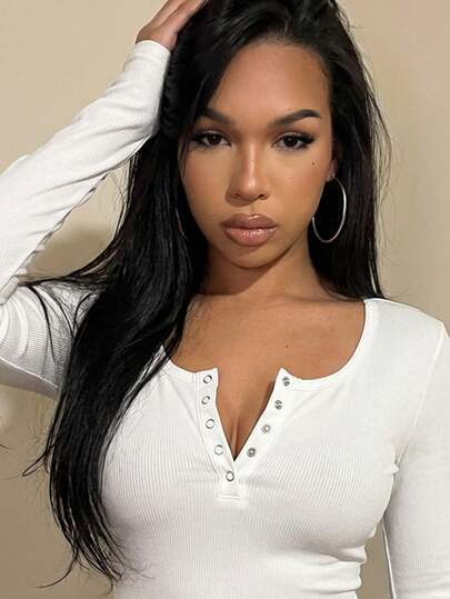 Slaydiva New Spring/Summer Music Festival, Valentine's Day Casual Basic Y2K Streetwear Sexy Loungewear, Women U-Neck Half-Open Waist Ruched Fitted White Ribbed Knit Bodysuit White One Piece Bodysuit White Body Suit Sexy Bodysuit White Top Women's Gym Clothes