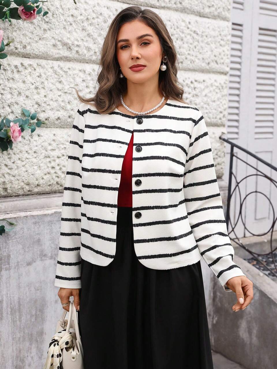 Plus Size Women Black And White Striped Button-Up Shirt,Elegant Office Blazer Jacket,Autumn Casual For Daily Wear,Commuting & Vacation