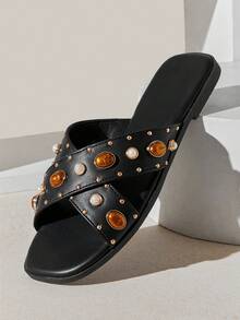 SHUZIA Sandal đế bằng nữ thanh lịch kiểu đan chéo, đính đá quý. - màu đen - Xem 1