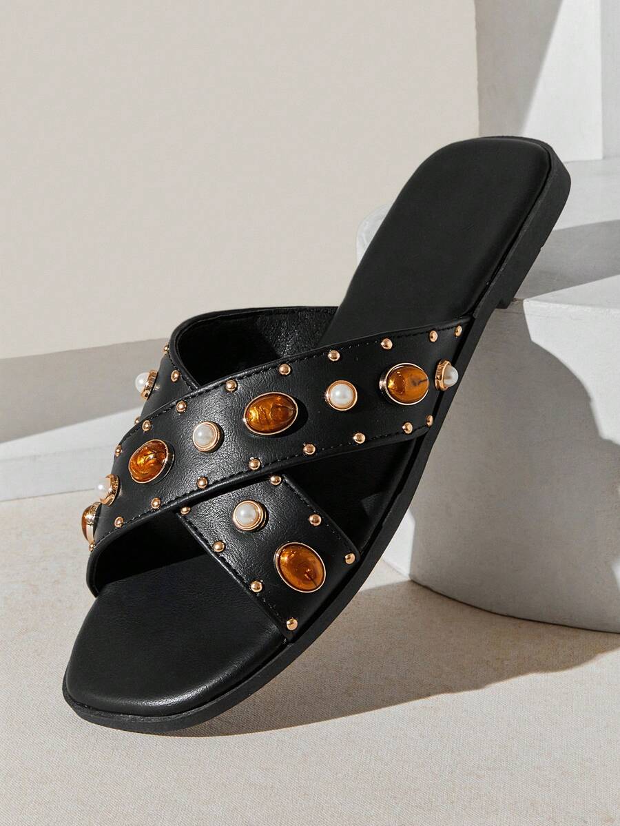 SHUZIA Sandal đế bằng nữ thanh lịch kiểu đan chéo, đính đá quý. - màu đen - Xem 1