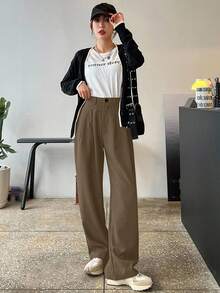 DAZY 女士纯色口袋纽扣休闲百搭日常通勤阔腿裤 - 卡其色 - 查看 5