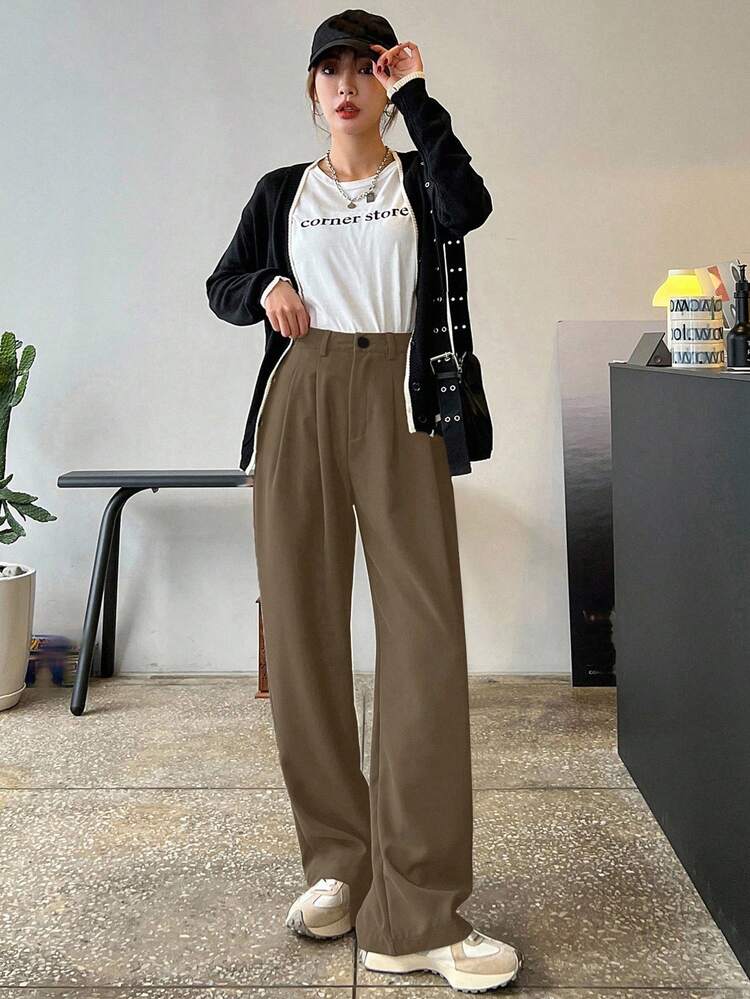Women's Solid Color Pocket Button Casual Versatile Daily Commute Wide Leg Pants
