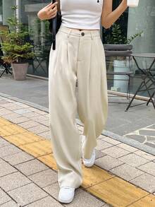 DAZY 女士纯色褶裥口袋宽松商务休闲裤 - 杏色 - 查看 5
