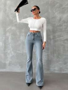 SHEIN 98%Cotton Zip Front Skinny Flare Jeans TALL - Baby Blue - View 5