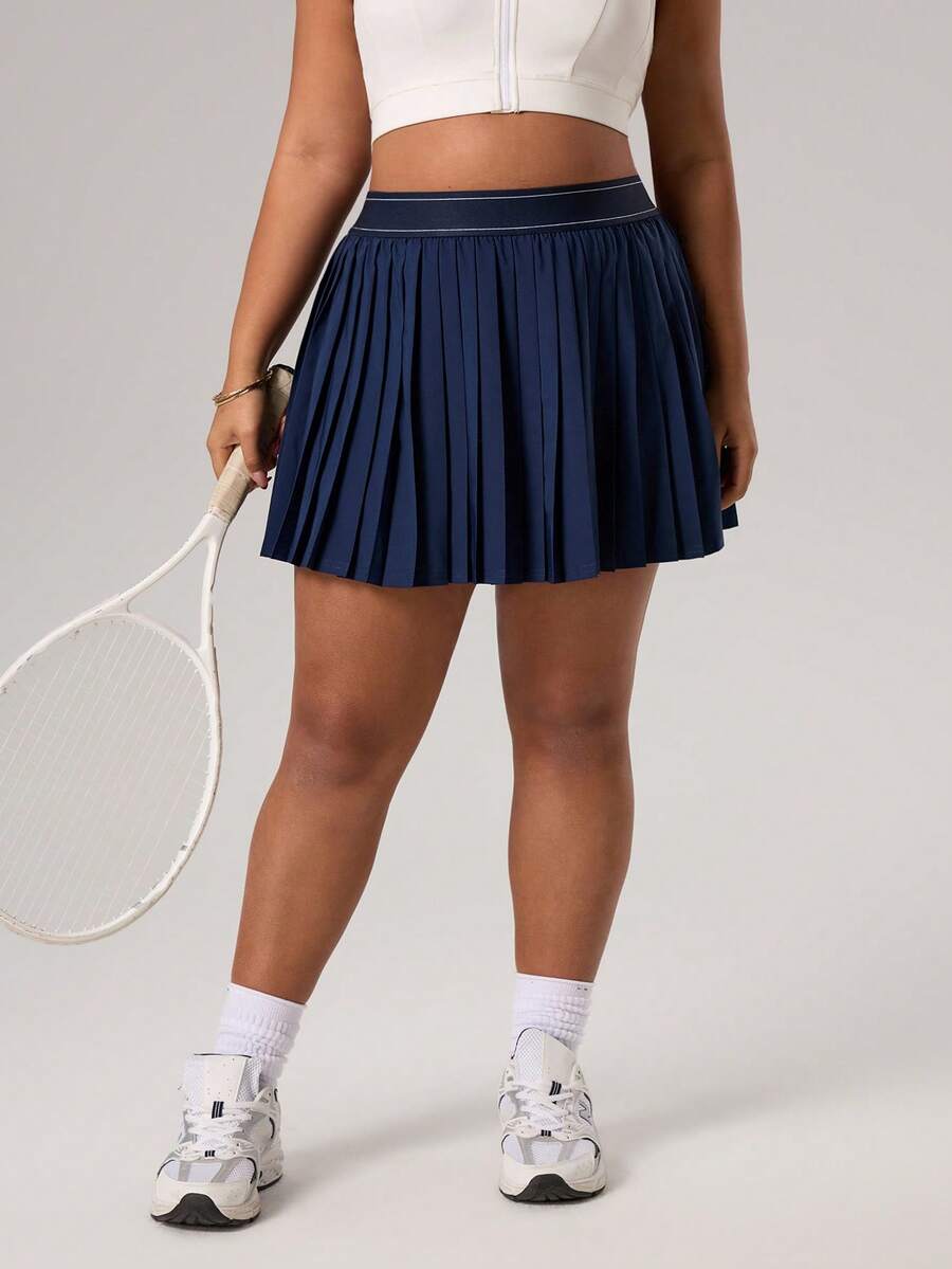 Rhythm Era 加大码藏蓝色高弹力腰褶裥短裙裤，带口袋，休闲百搭 - 藏蓝色 - 查看 1