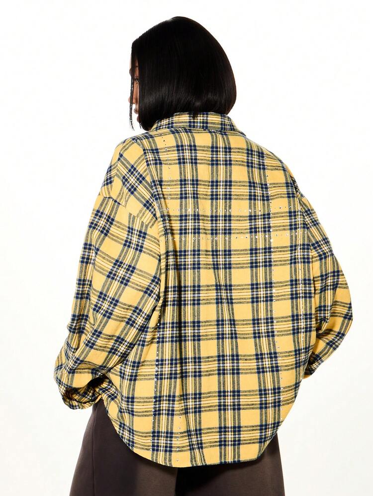 SUMWON WOMEN Oversized Plaid Rhinestone Button Blouse